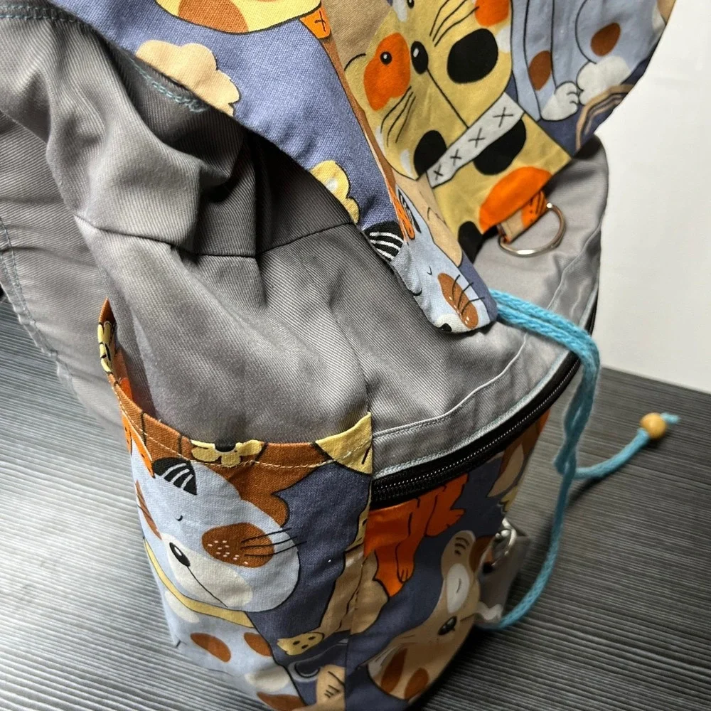 Handmade Canvas Backpack Cat Bird Print Gray Multi Color Rucksack Whimsical Bag
